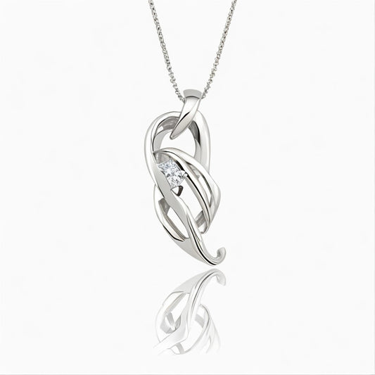 Silver Knight Flower pendant necklace with intertwined loops and a central clear gemstone, front view on chain