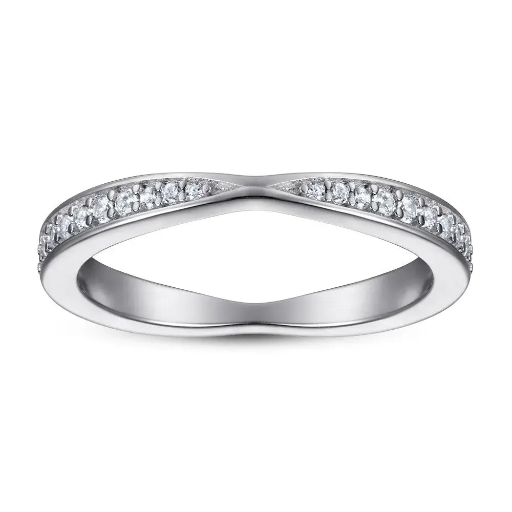 J.NA silver diamond band ring with a curved design and round accent stones