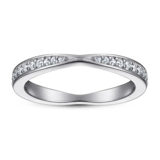J.NA silver diamond band ring with a curved design and round accent stones